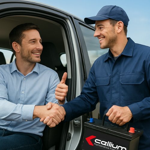 Car owner sitting in driver’s seat happily shaking hands with a car battery replacement technician while giving a thumbs up, showing successful roadside car battery replacement service in daylight.